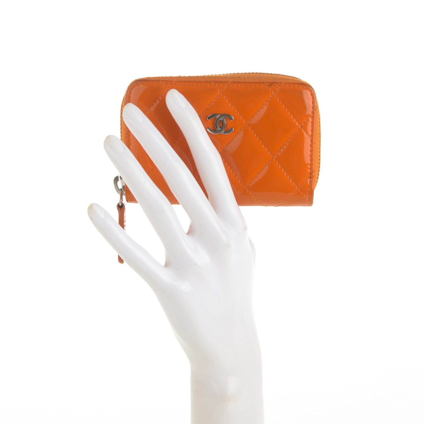 Patent Calfskin Quilted Zip Coin Purse Orange