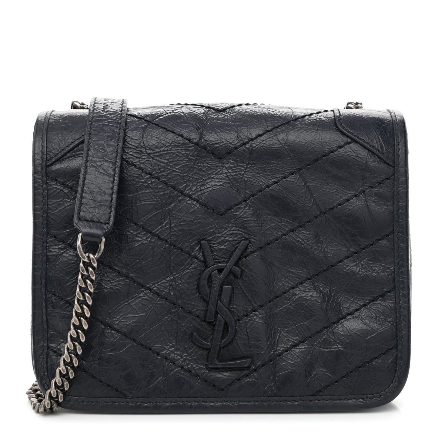Crinkled Calfskin Matelasse Monogram Niki Chain Wallet Deep Marine