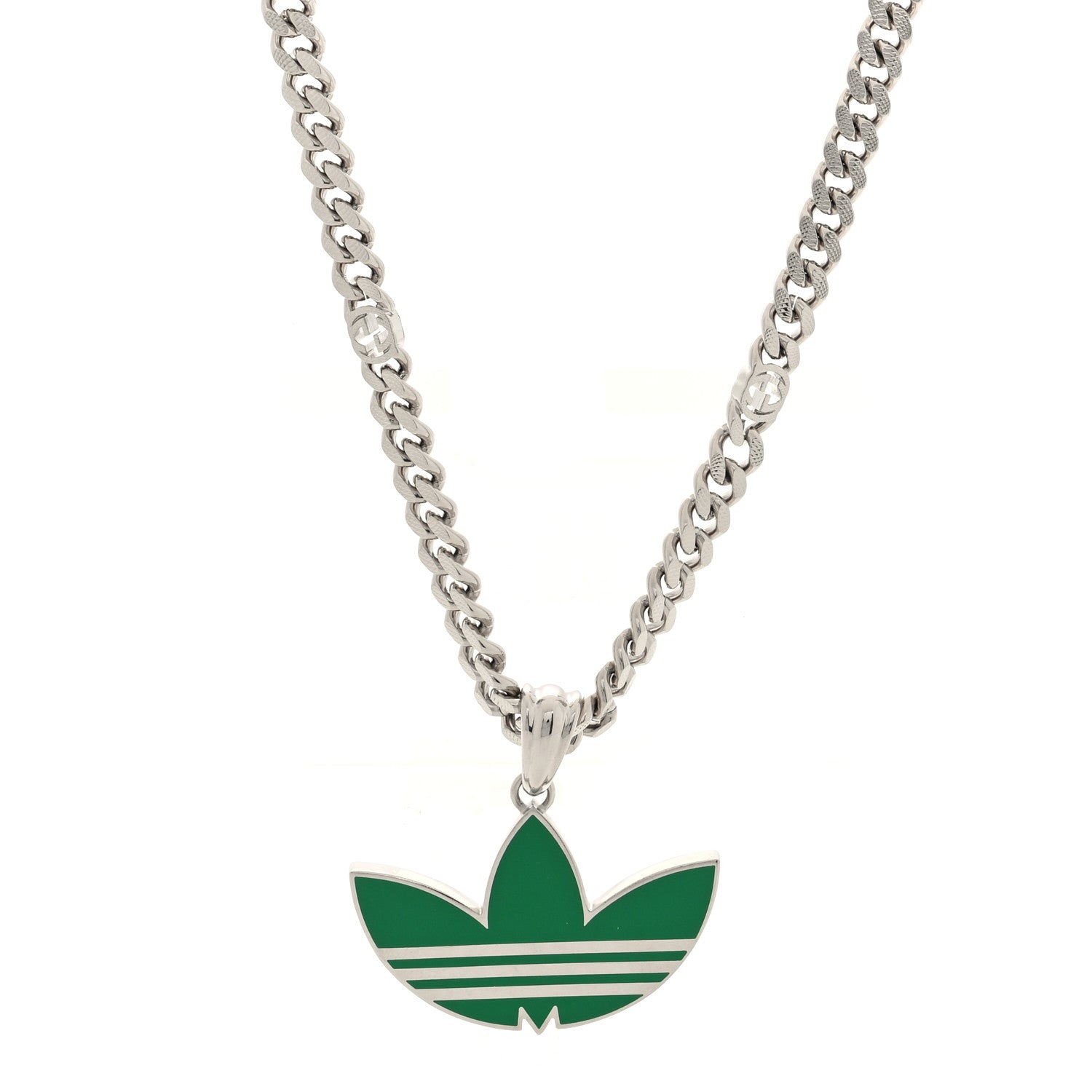 Gucci X ADIDAS Enamel Trefoil Gourmette Pendant Necklace Silver Green 1 of 5
