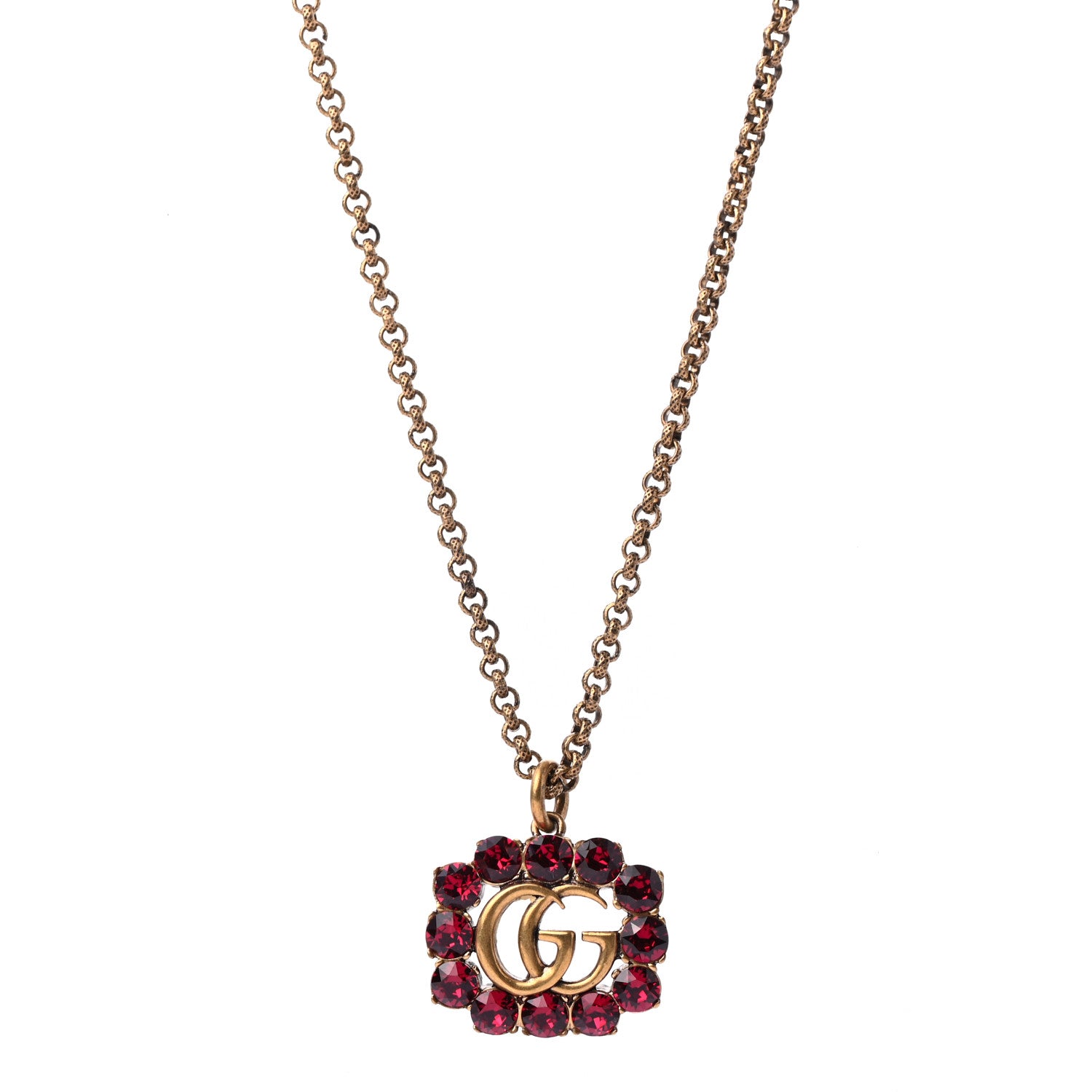 Gucci Crystal Embellished Double G Necklace Aged Gold Red 1 of 5