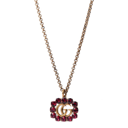 Gucci Crystal Embellished Double G Necklace Aged Gold Red 1 of 5