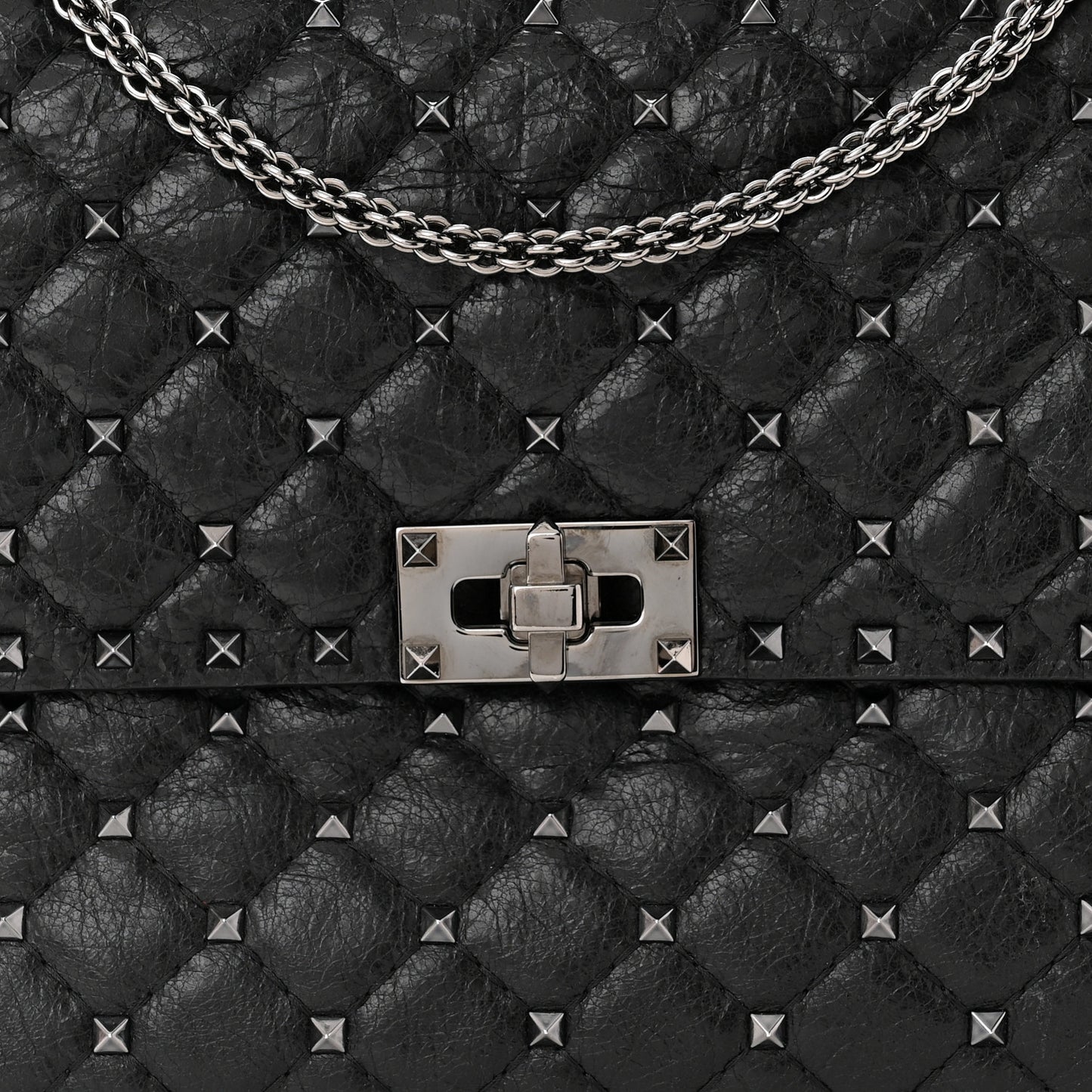Craquele Nappa Large Rockstud Spike Shoulder Bag Black