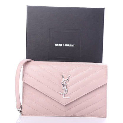 Saint Laurent Grain De Poudre Matelasse Chevron Monogram Envelope Chain Wallet Pale Pink 9 of 9