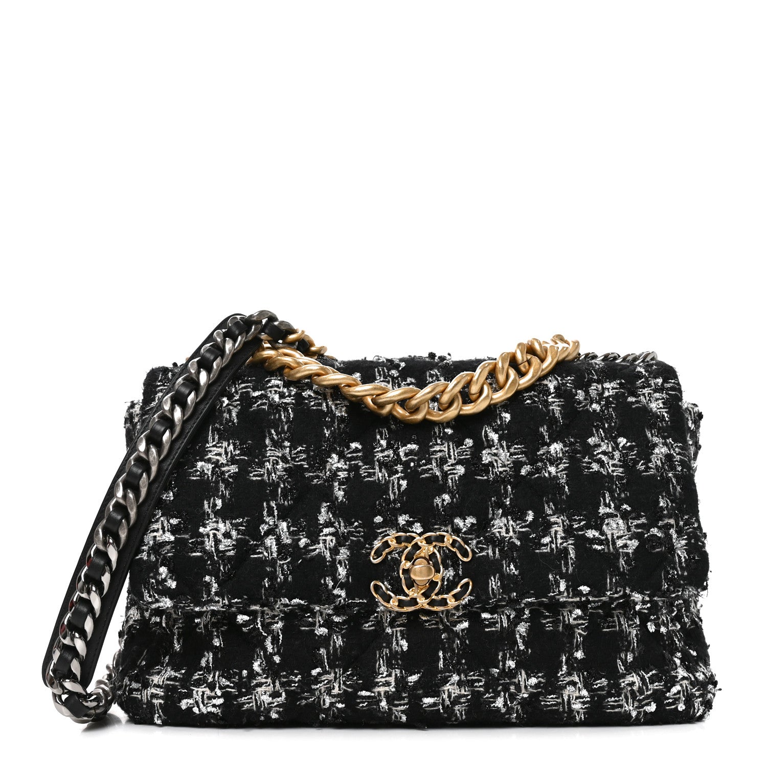 Chanel Tweed Quilted Large Chanel 19 Flap Black Silver Ecru 1 of 11