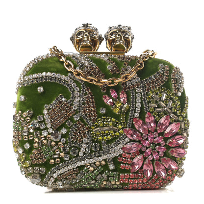 Alexander McQueen Velvet Embroidered Flower Queen and King Skull Box Chain Clutch Green Multicolor 1 of 13
