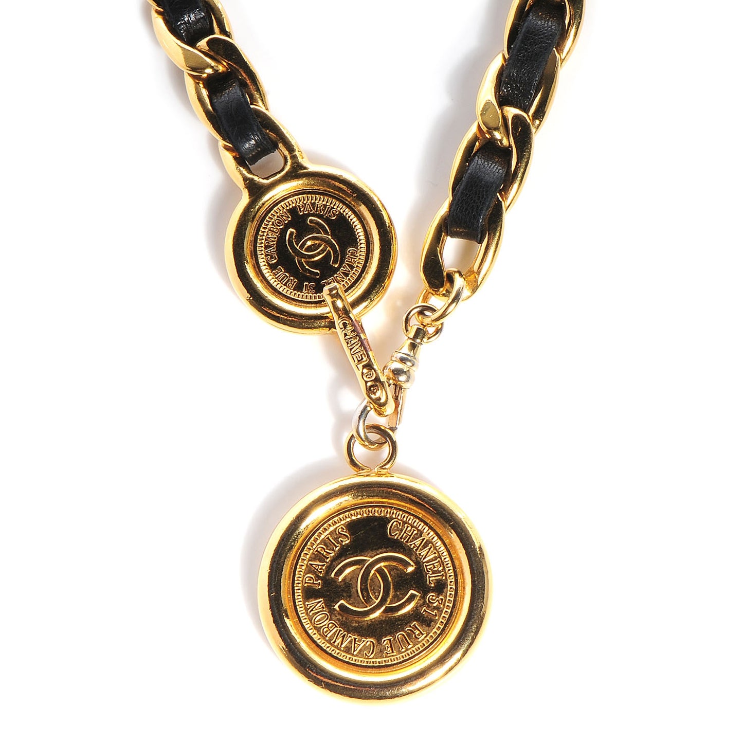 Leather CC Medallion Chain Belt Black Gold