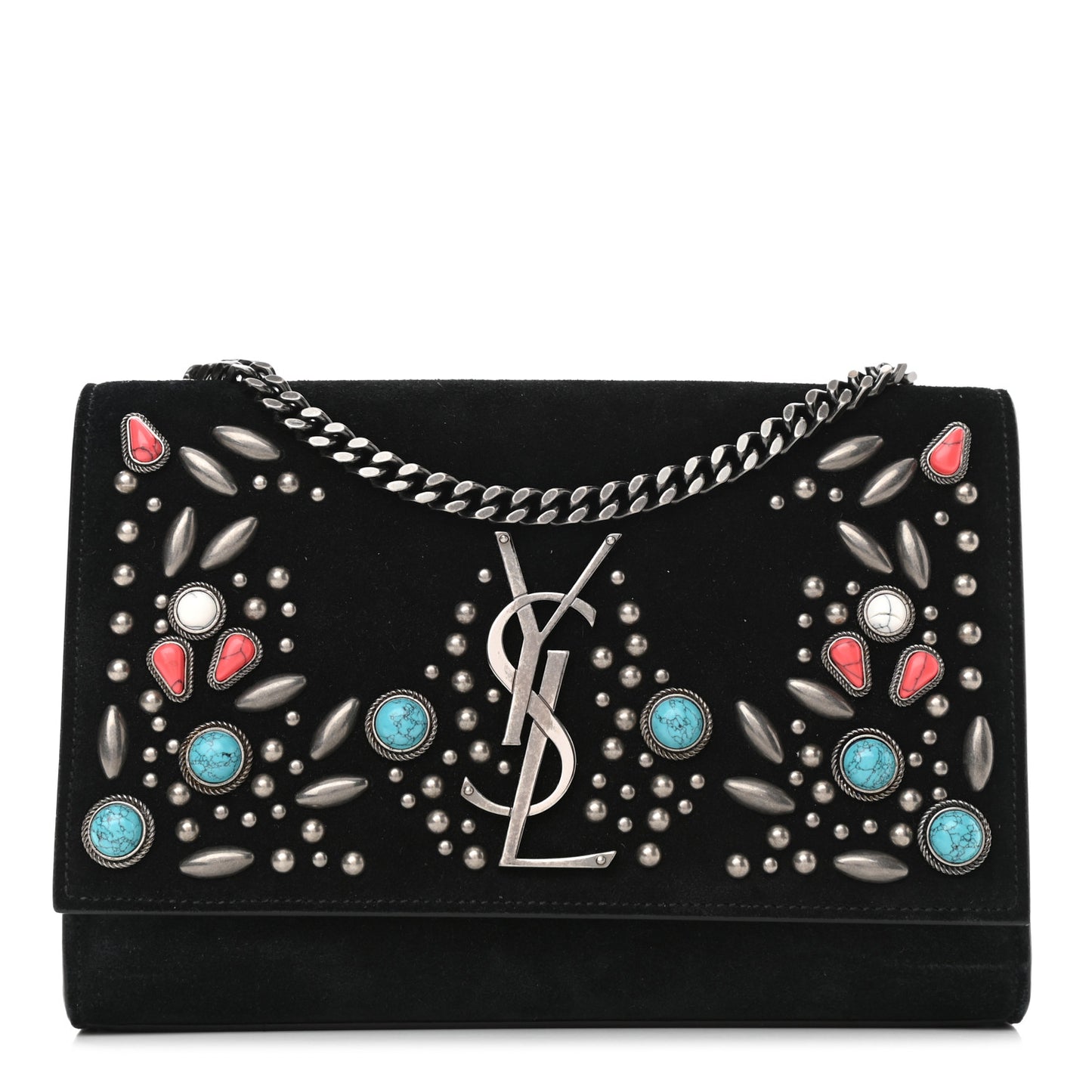 Suede Small Monogram Stone Studded Kate Satchel Black Turquoise Coral