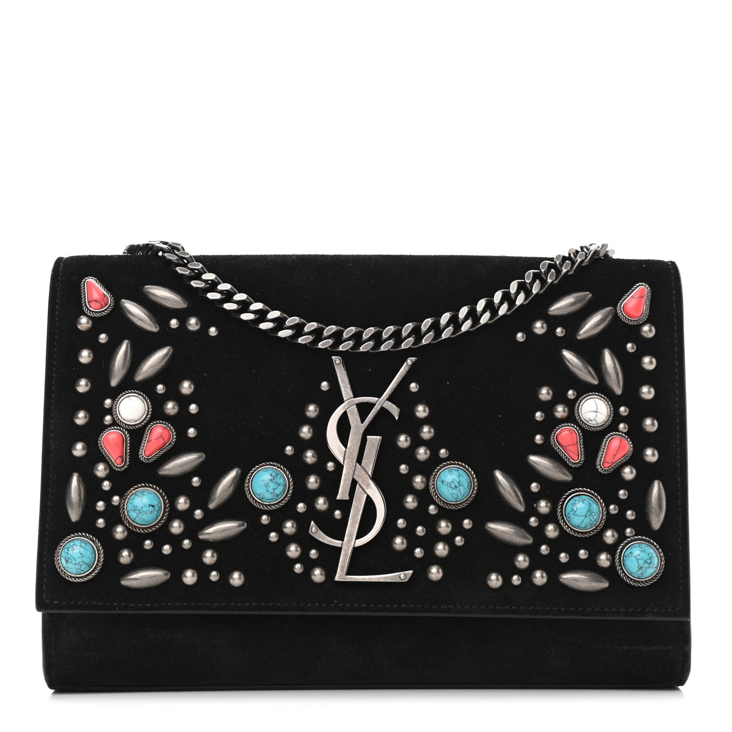 Saint Laurent Suede Small Monogram Stone Studded Kate Satchel Black Turquoise Coral 1 of 11