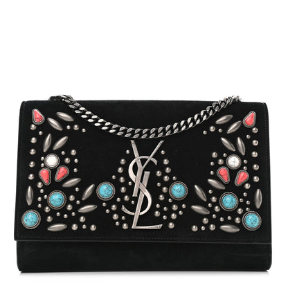 Saint Laurent Suede Small Monogram Stone Studded Kate Satchel Black Turquoise Coral 1 of 11