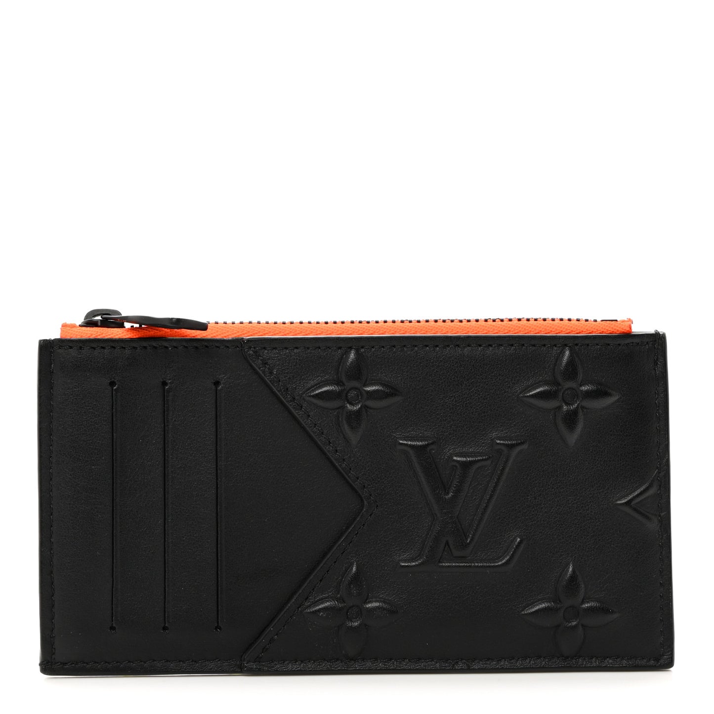 Calfskin Debossed Monogram Coin Card Holder Black