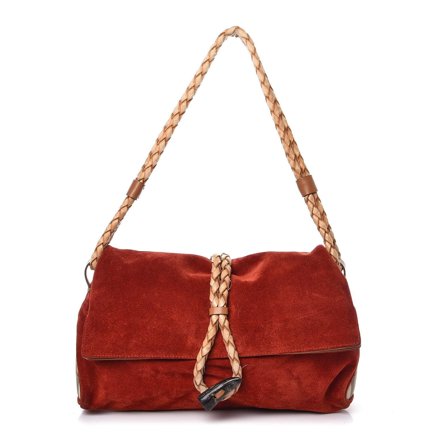 Burberry Suede Haymarket Check Horn Toggle Shoulder Bag Red 1 of 13