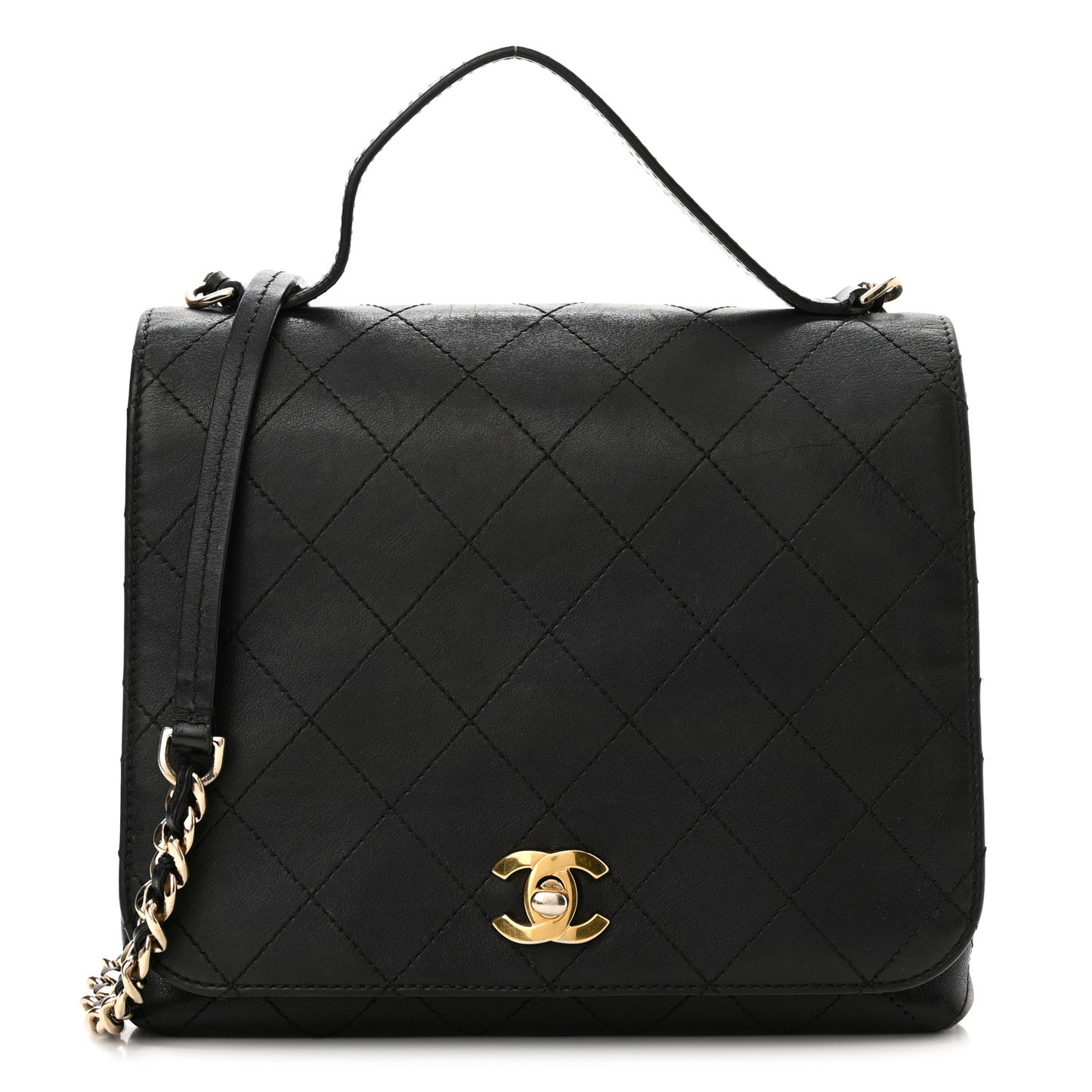 Calfskin Quilted Double Pocket Top Handle Flap Black