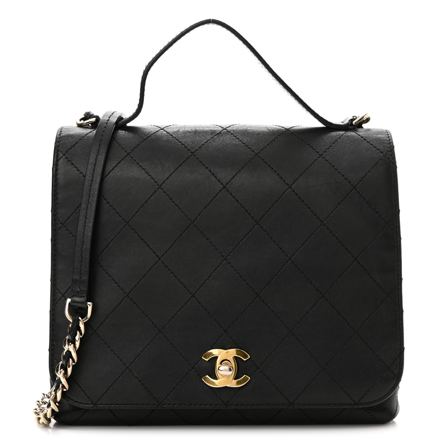 Chanel Calfskin Quilted Double Pocket Top Handle Flap Black 1 of 11