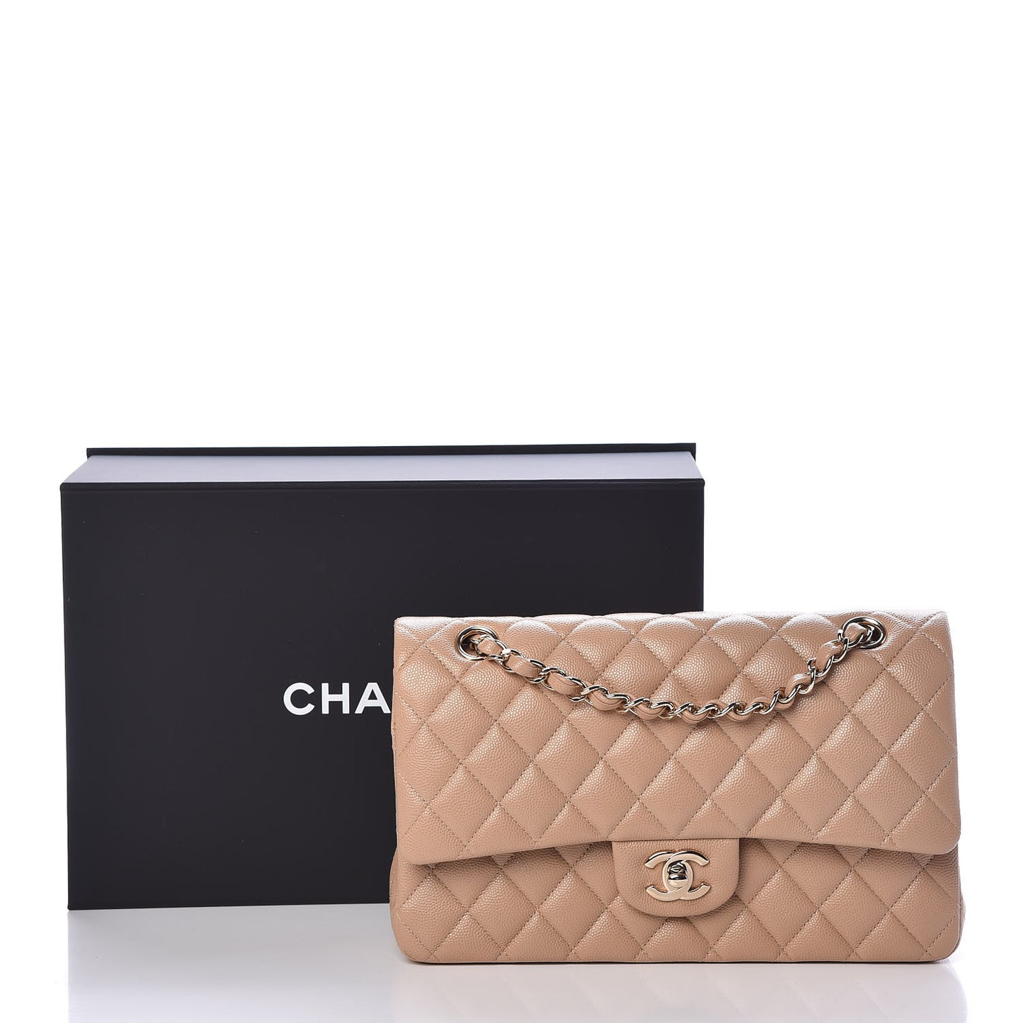 Caviar Quilted Medium Double Flap Beige