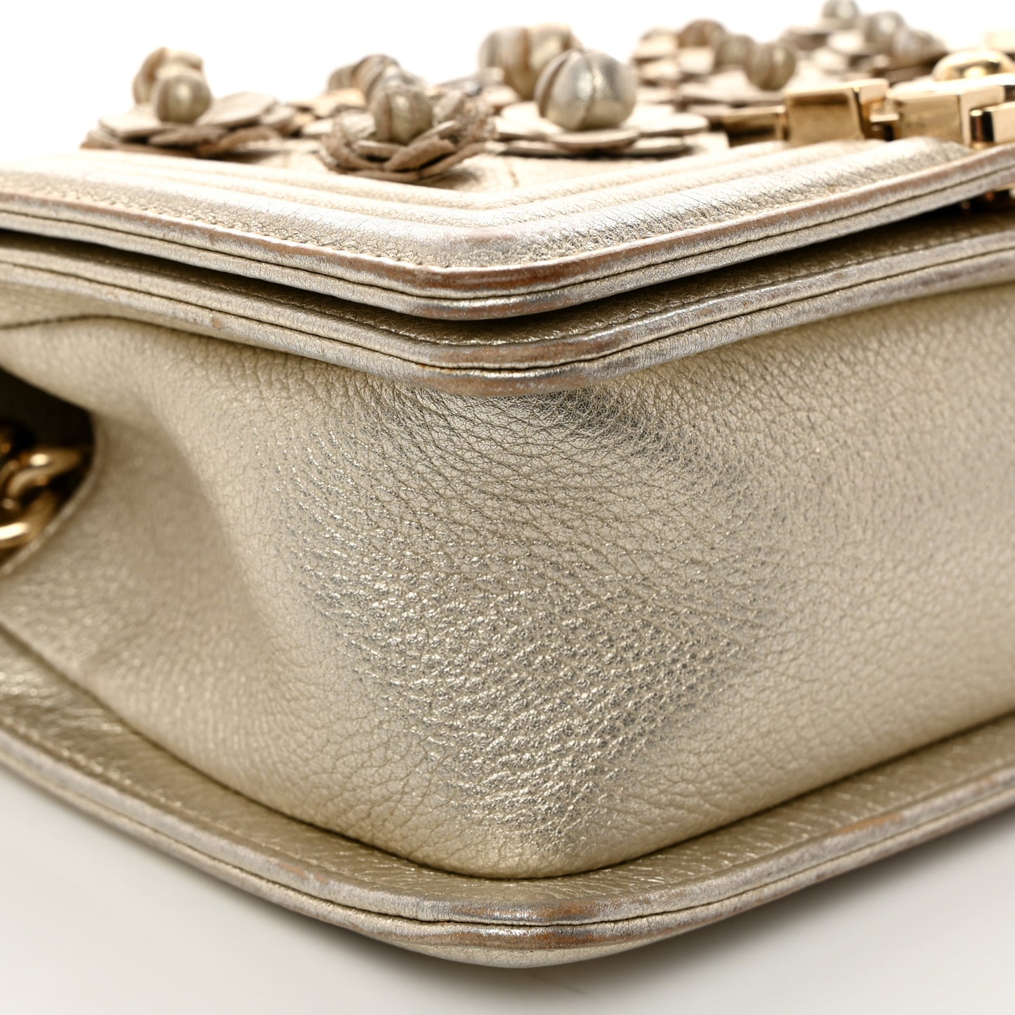 Metallic Calfskin Quilted Camellia Small Boy Flap Gold