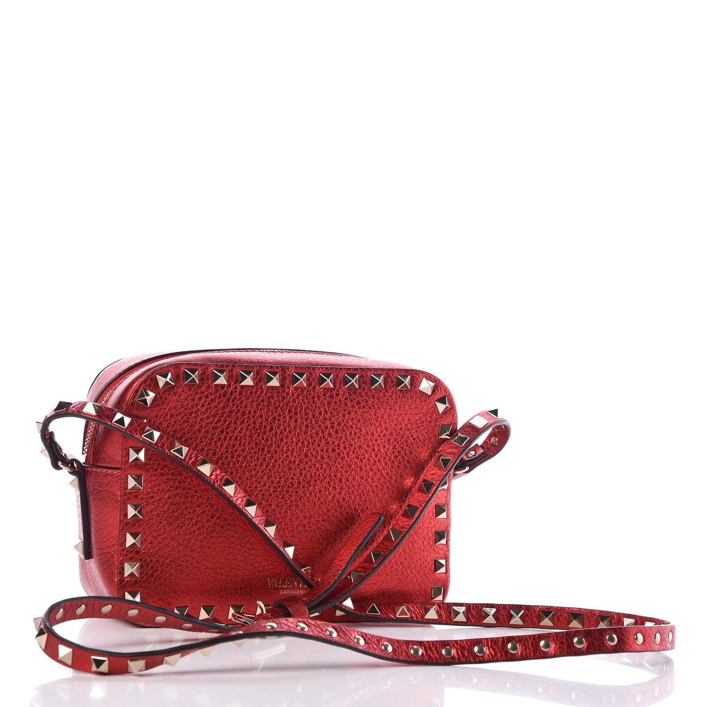 Metallic Pebbled Calfskin Rockstud Camera Crossbody Bag Rosso Valentino
