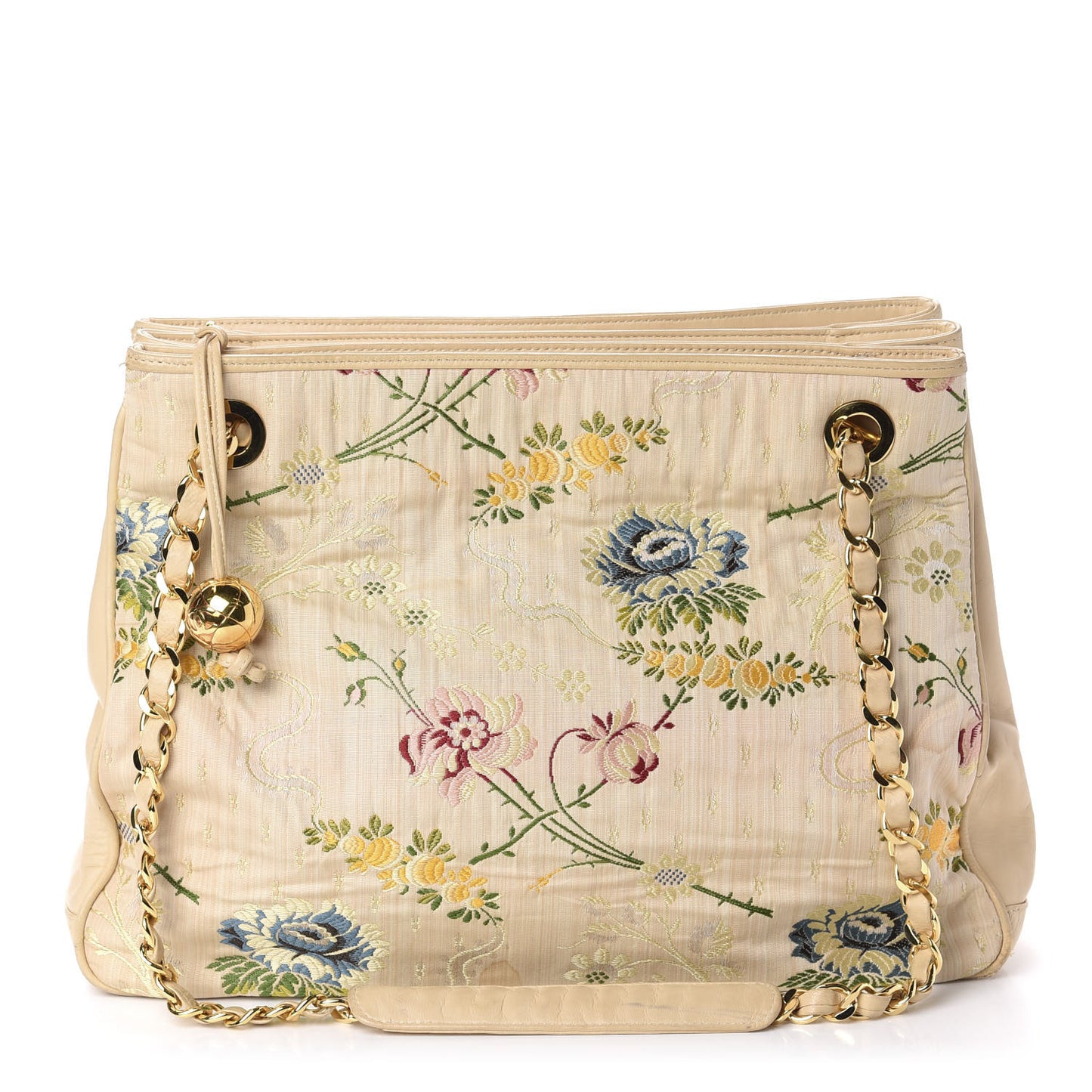 Calfskin Canvas Embroidered Flower Tote Beige