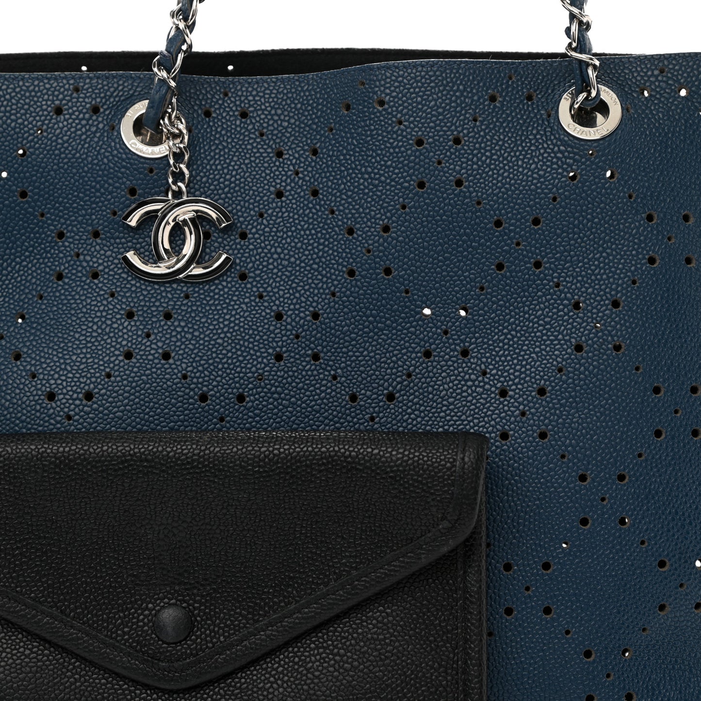 Perforated Grained Calfskin Large Shopping Tote Blue