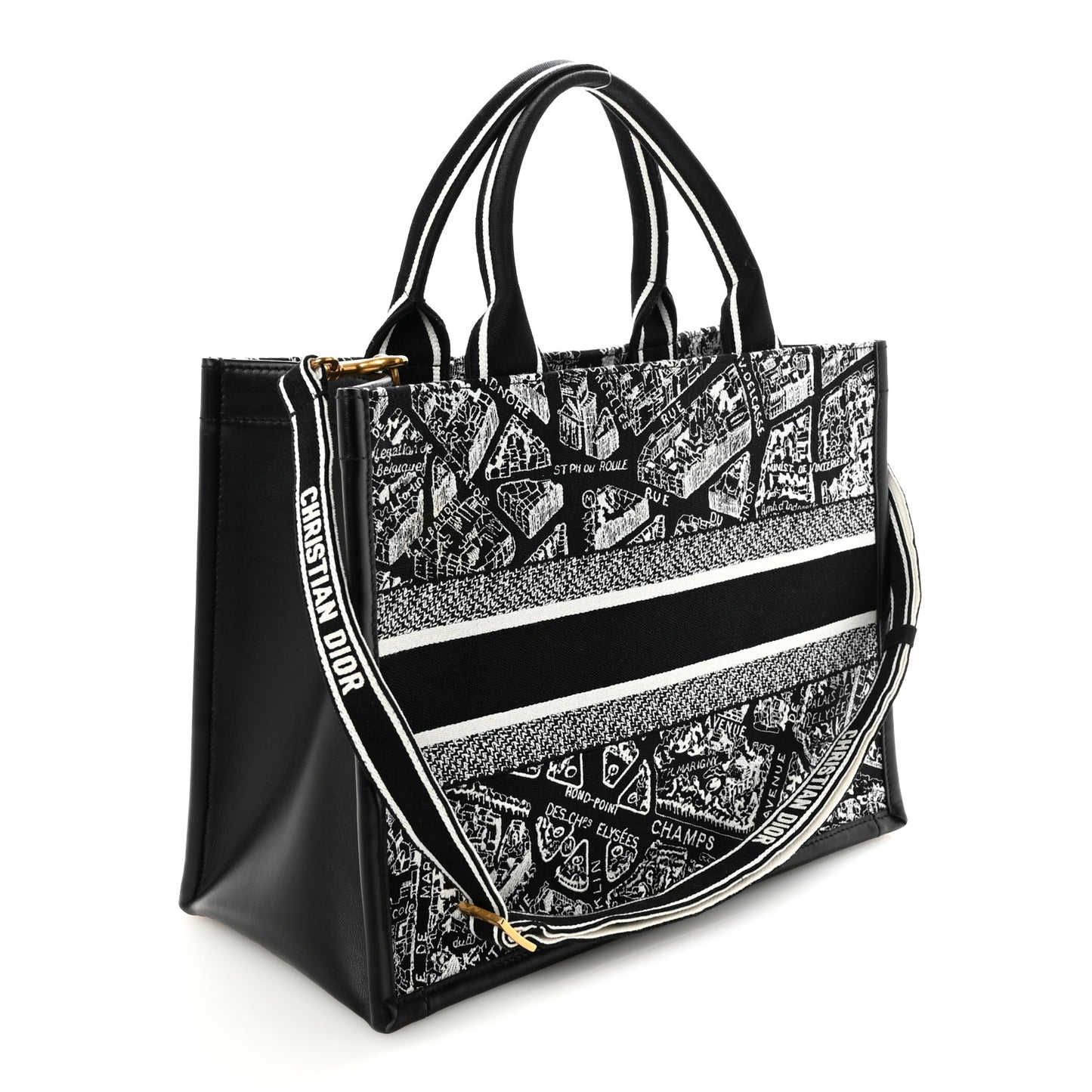 Calfskin Canvas Medium Plan De Paris Book Tote With Strap Black White