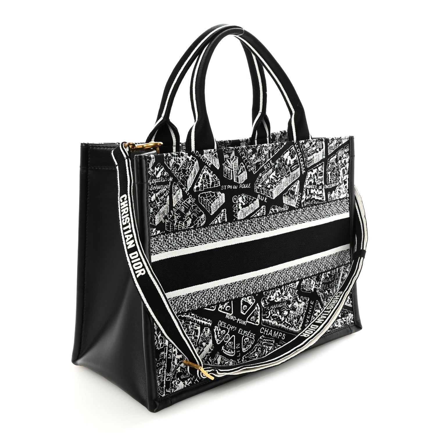 Christian Dior Calfskin Canvas Medium Plan De Paris Book Tote With Strap Black White 3 of 9