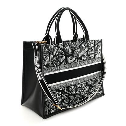 Christian Dior Calfskin Canvas Medium Plan De Paris Book Tote With Strap Black White 3 of 9