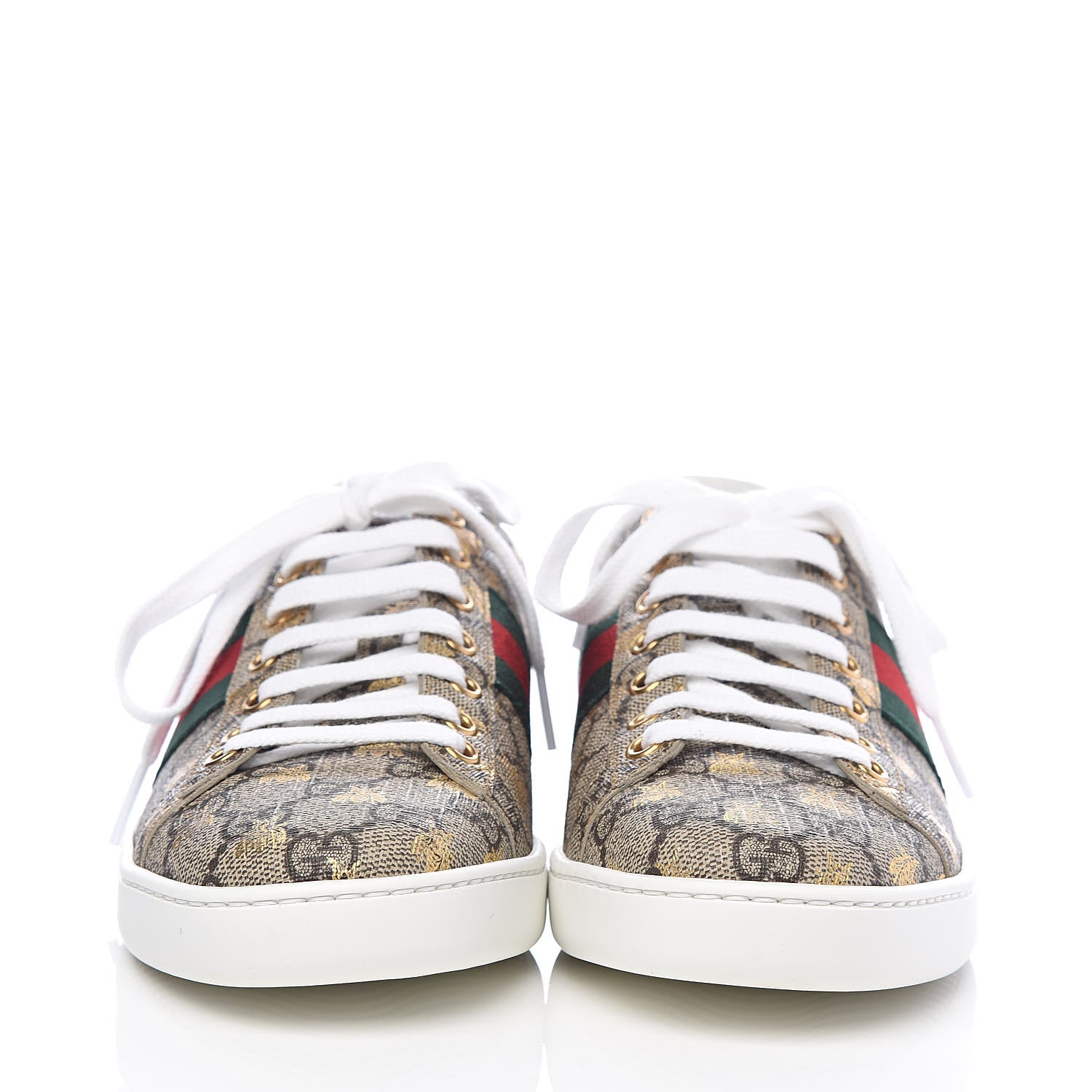 Gucci GG Supreme Monogram Bees Ayers Web Womens Ace Sneakers 37.5 Beige Oro Green Red 2 of 10