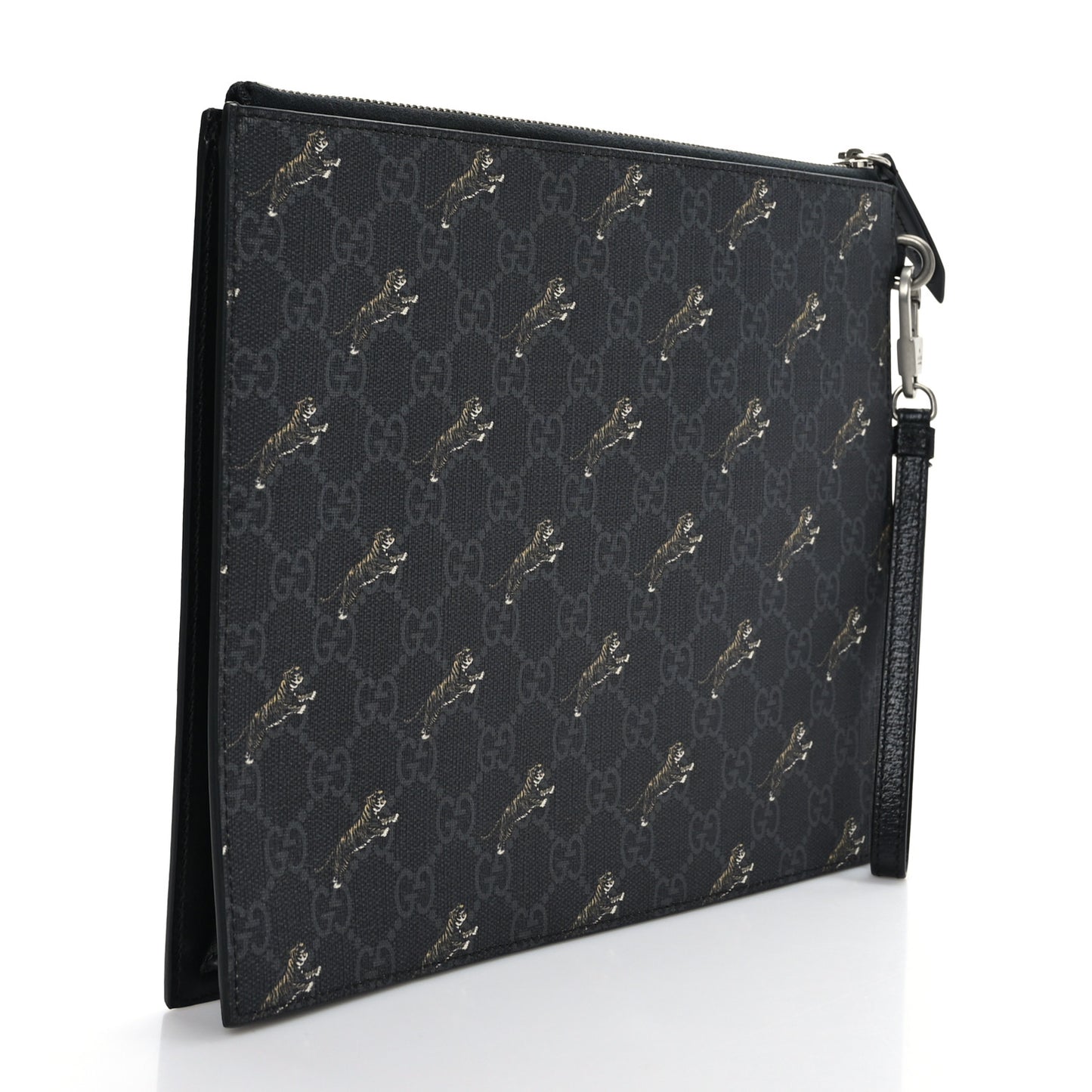 GG Supreme Monogram Tigers Zip Wristlet Pouch Black