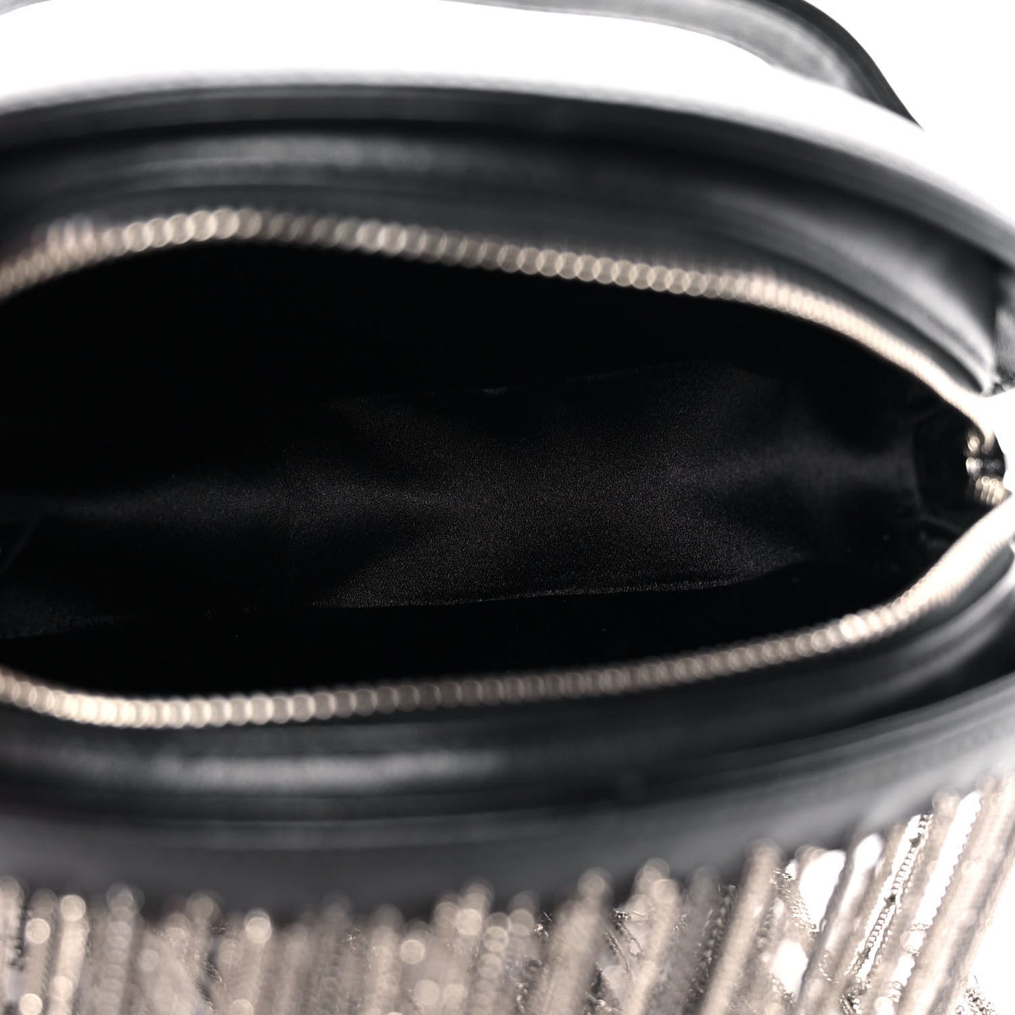Lambskin Chain Fringe Round Clutch With Chain Black