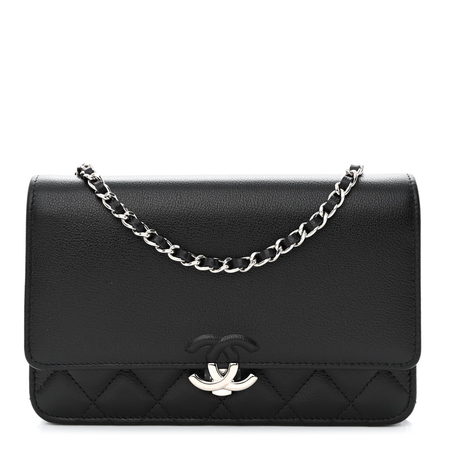 Grained Calfskin Quilted CC Box Wallet On Chain WOC Black
