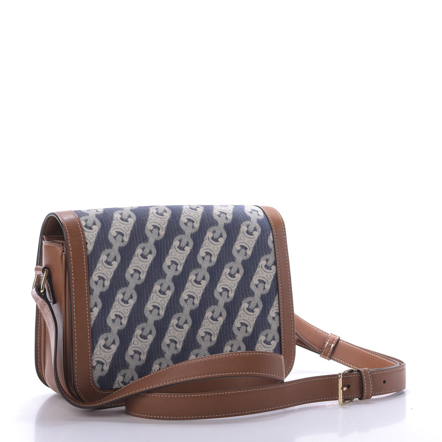 Natural Calfskin Chaine Triomphe Jacquard Canvas Medium Triomphe Bag Navy Tan