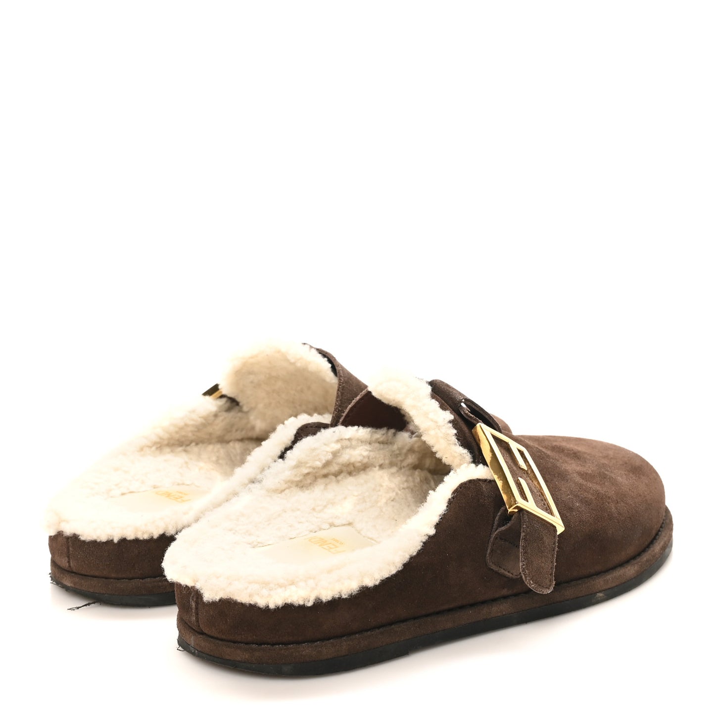 Suede Shearling Fendi Feel Buckled Clogs 36 Mogano Latte