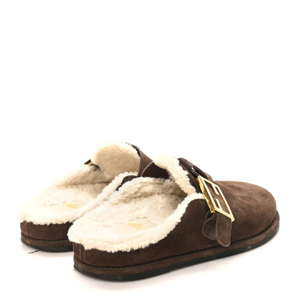 Fendi Suede Shearling Fendi Feel Buckled Clogs 36 Mogano Latte 5 of 9