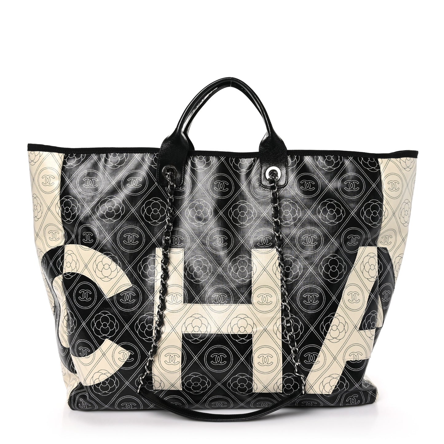 Coated Canvas Camellia Large Shopping Tote Black Beige