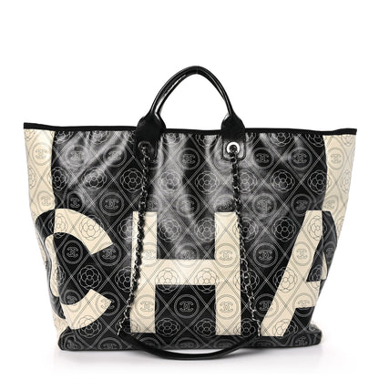 Chanel Coated Canvas Camellia Large Shopping Tote Black Beige 1 of 11