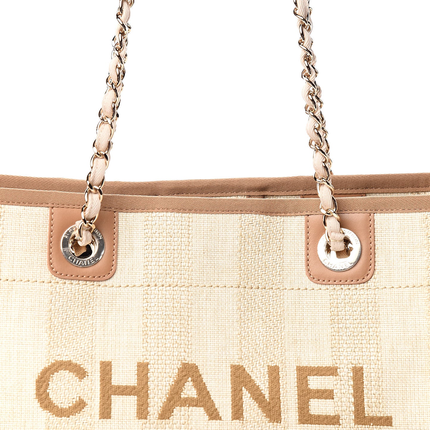 Straw Raffia Calfskin Striped Small Deauville Tote Beige