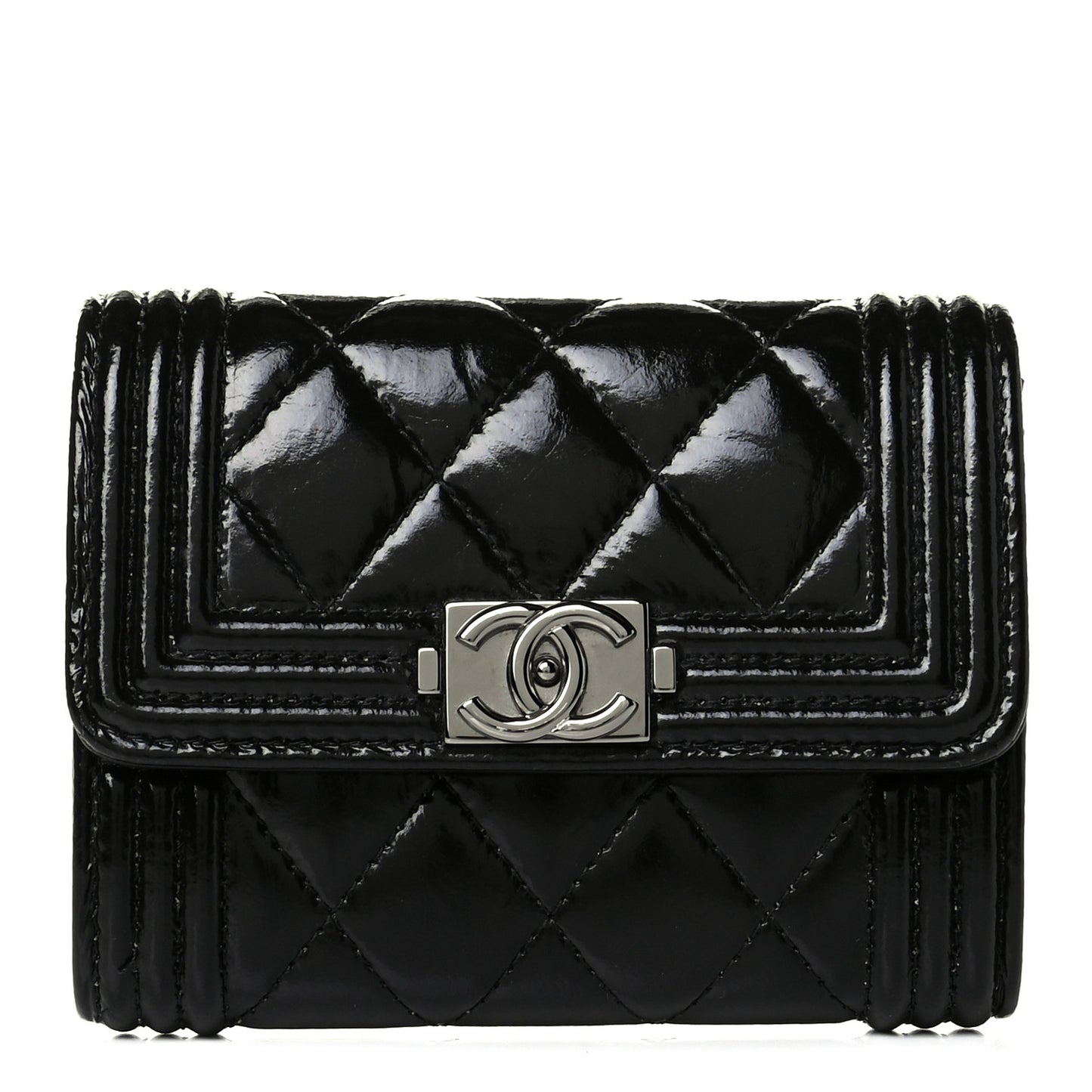 Distressed Patent Quilted Boy Flap Card Holder Wallet Black