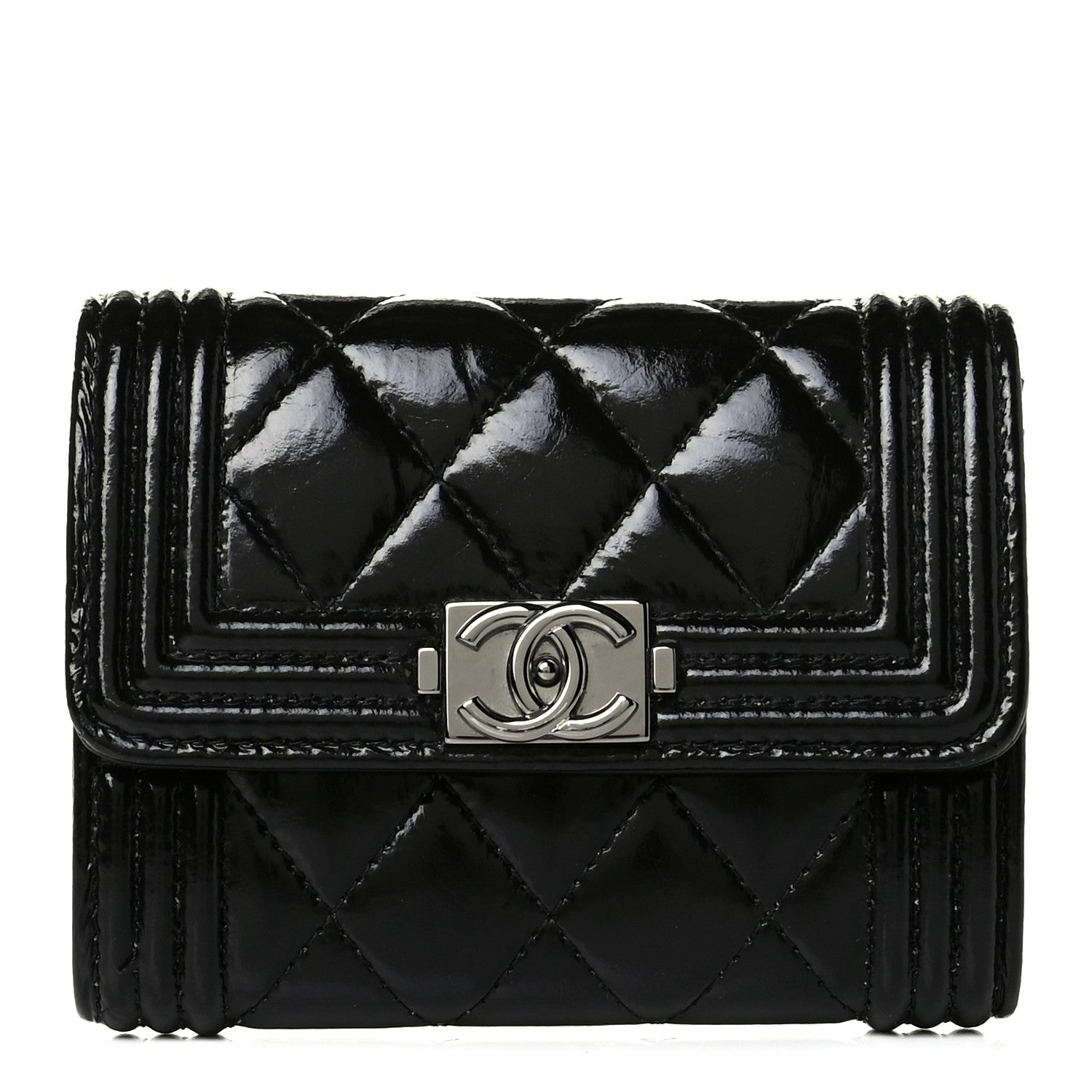 Chanel Distressed Patent Quilted Boy Flap Card Holder Wallet Black 1 of 7