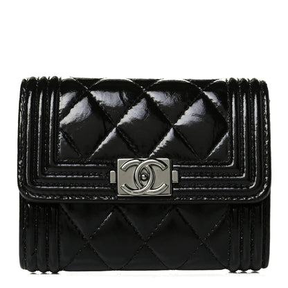 Chanel Distressed Patent Quilted Boy Flap Card Holder Wallet Black 1 of 7