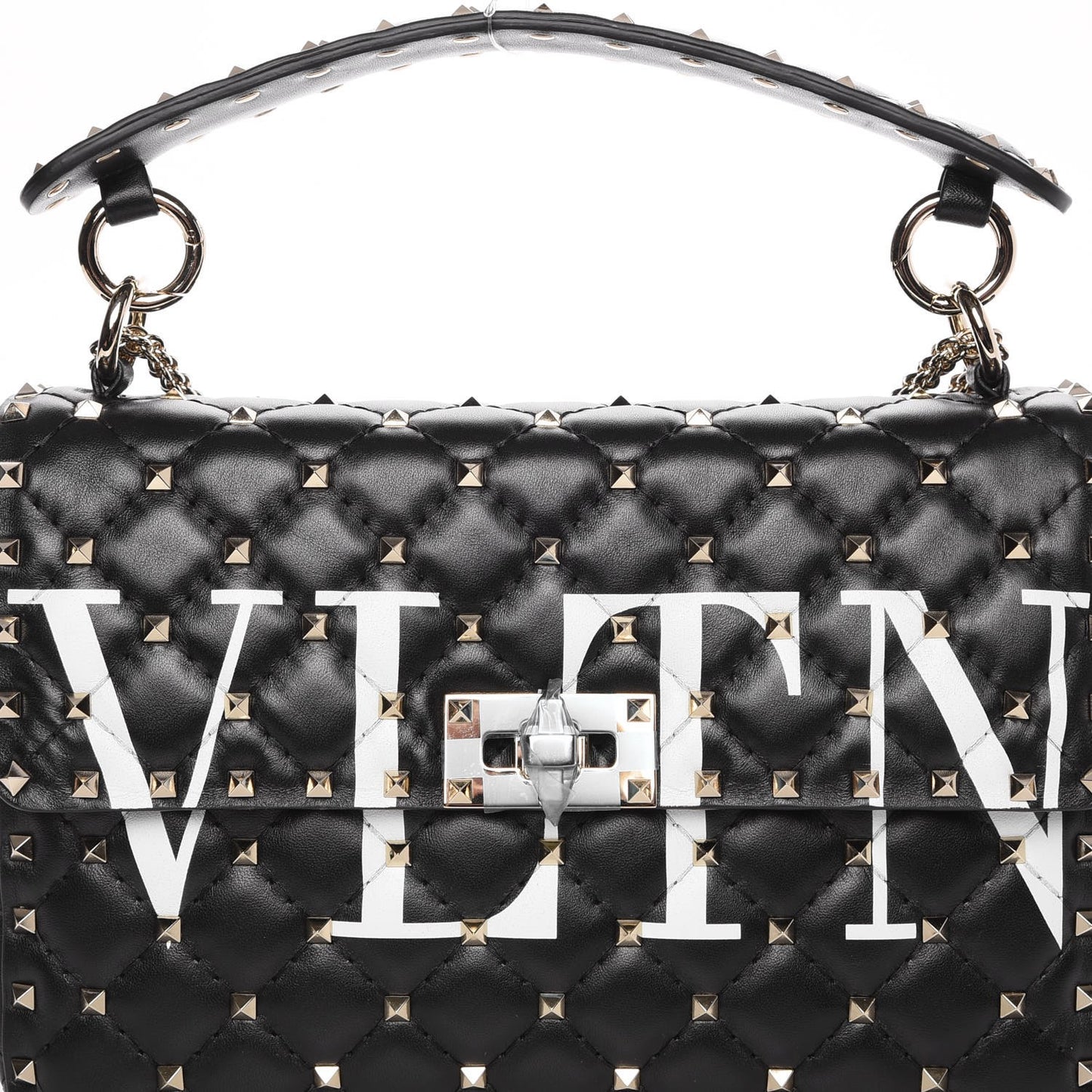 Lambskin VLTN Print Medium Rockstud Spike Shoulder Bag Black