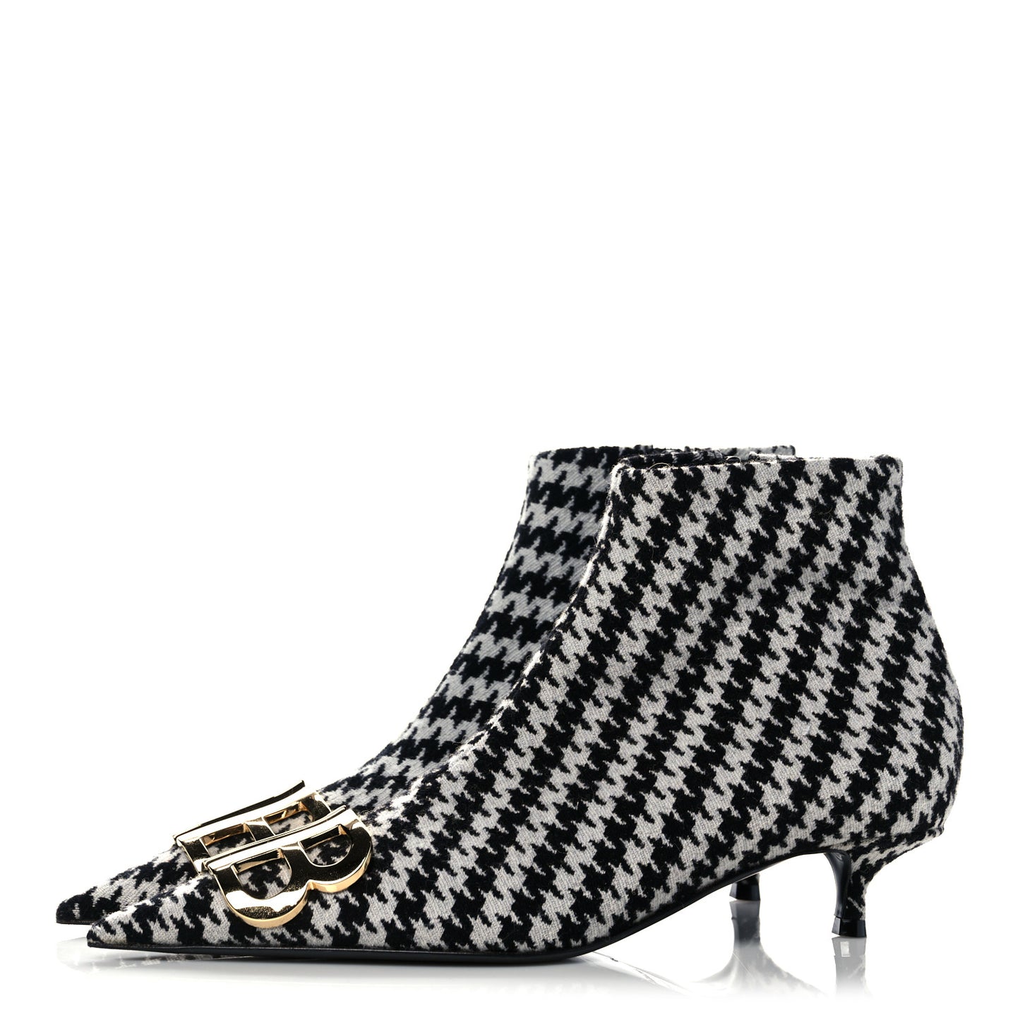Wool Houndstooth BB Pointy Toe Ankle Booties 36 Black Ivory