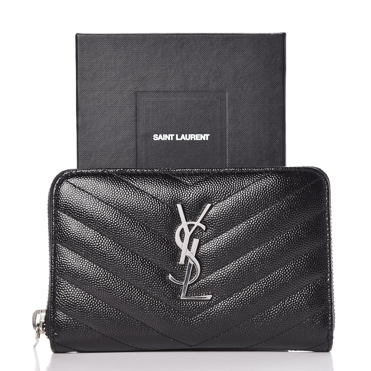 Saint Laurent Grain De Poudre Matelasse Chevron Monogram Zip Around Wallet Black 8 of 8