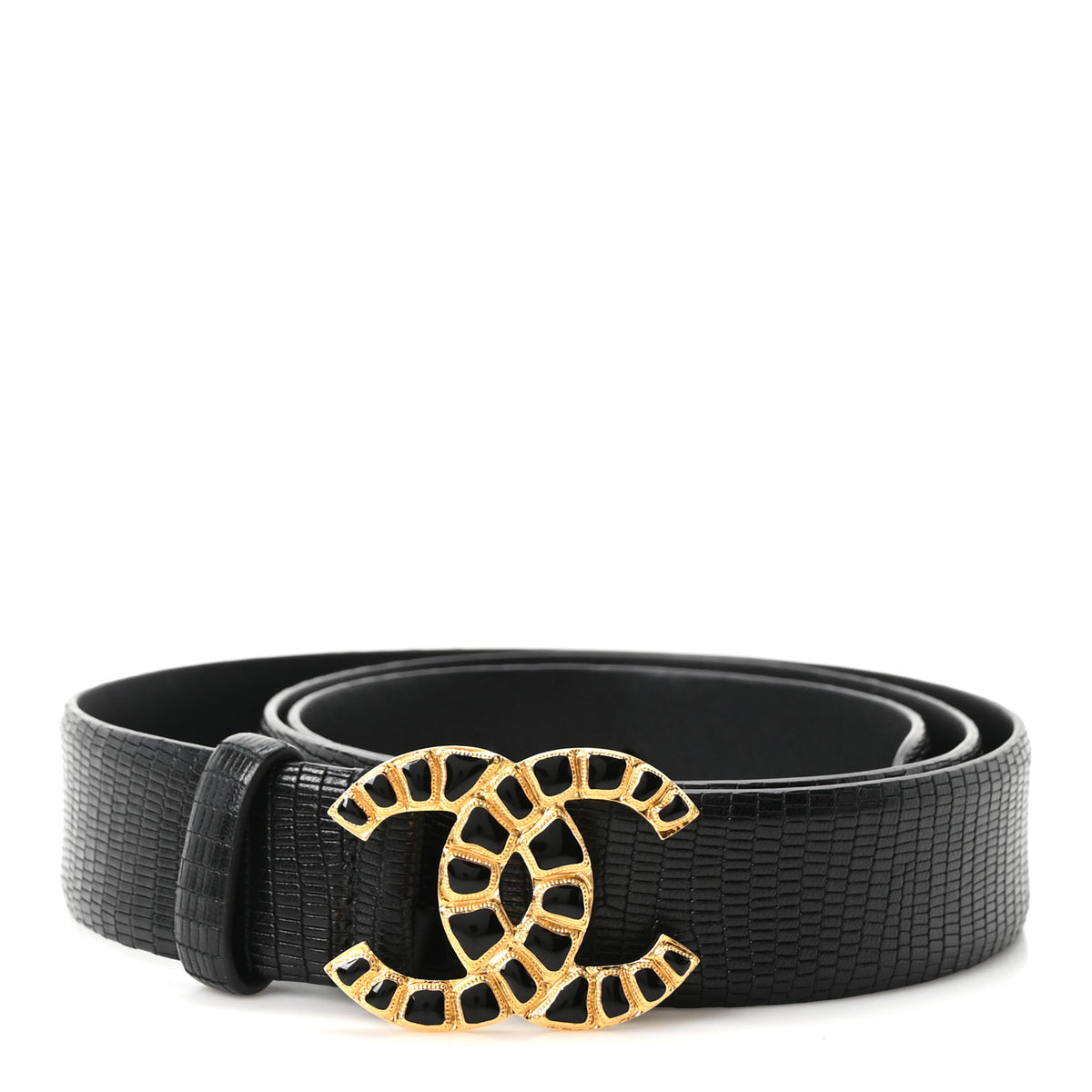 Chanel Lizard Embossed Calfskin Gripoix Poured Glass Along The Nile CC Belt 90 36 Black 1 of 7