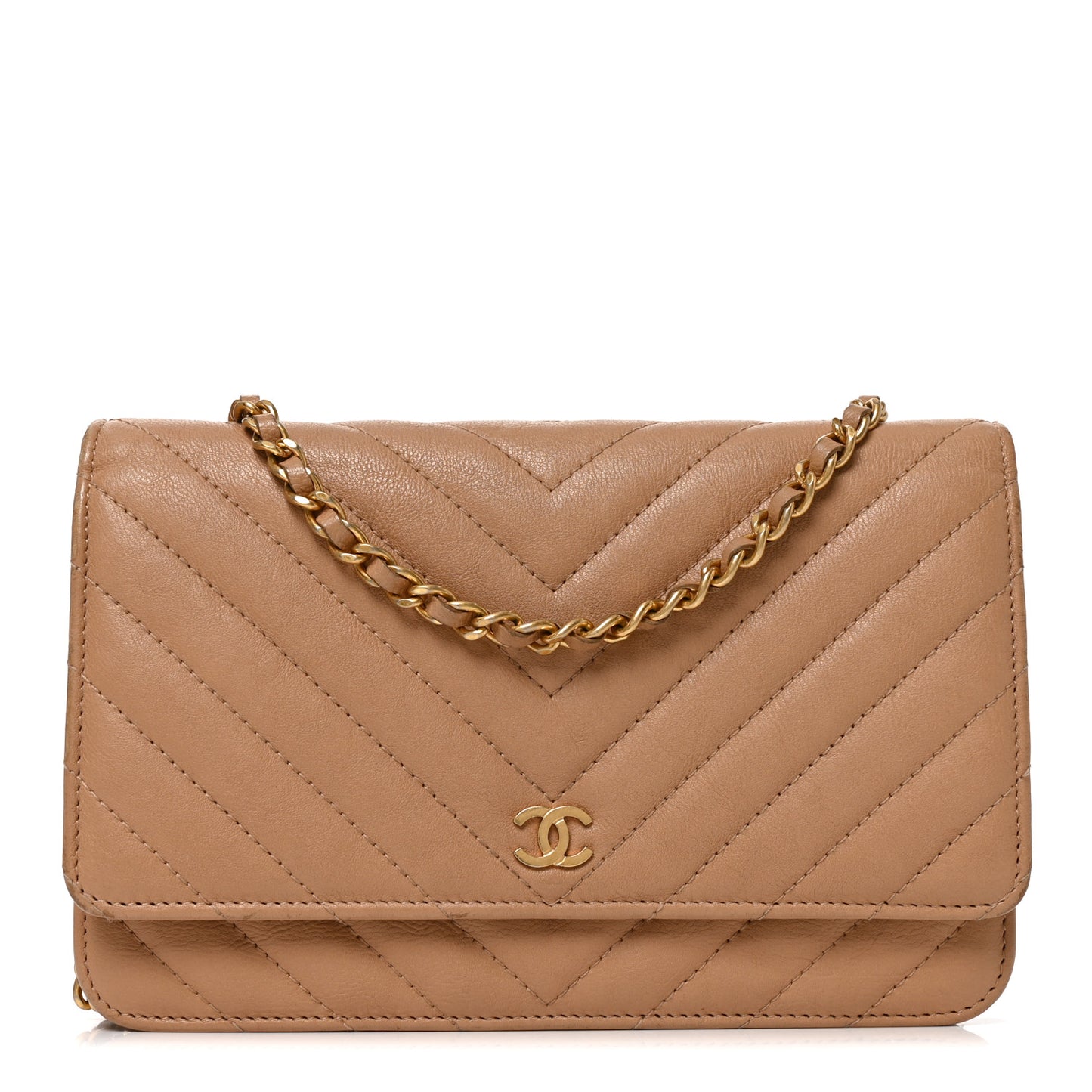Calfskin Chevron Quilted Wallet On Chain WOC Beige