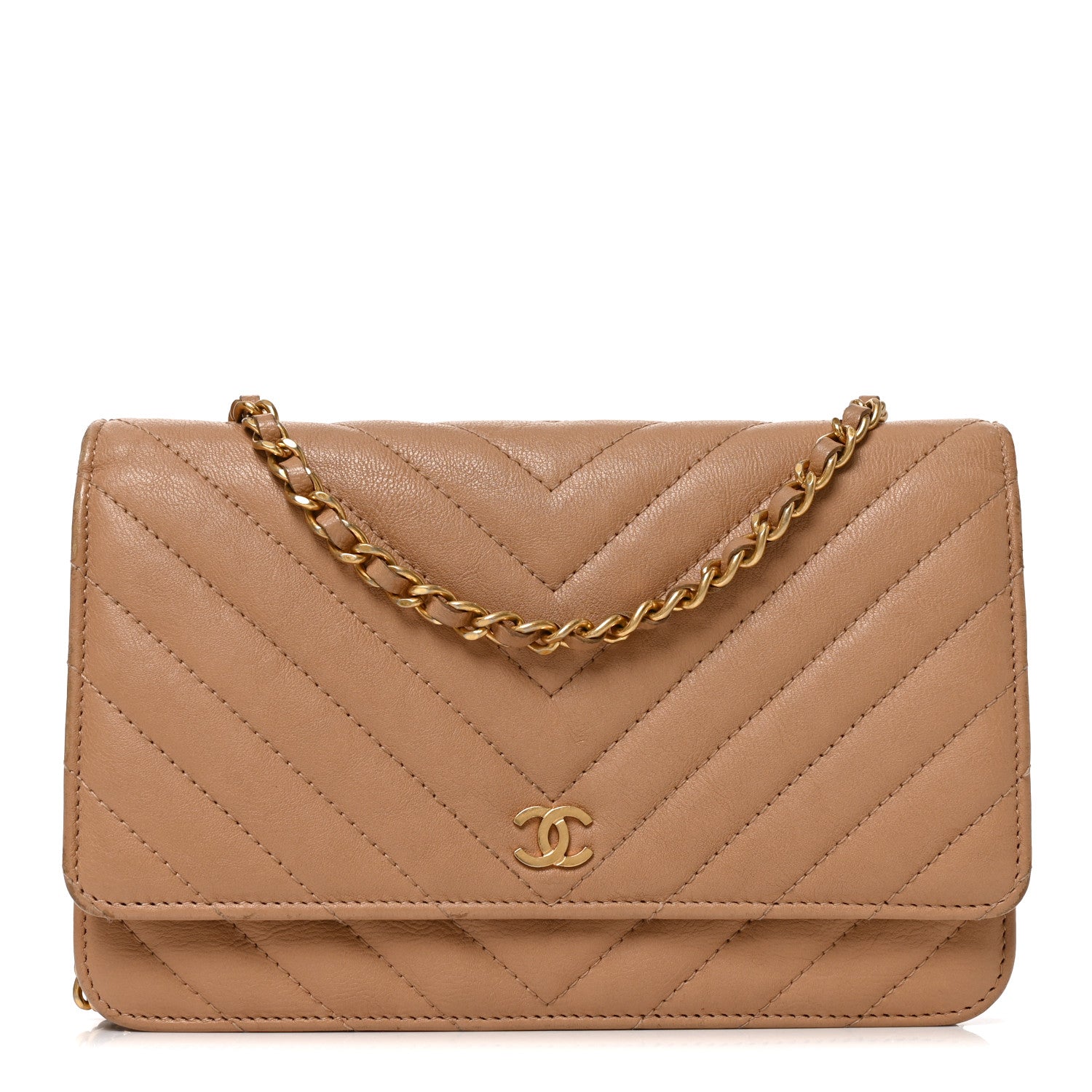 Chanel Calfskin Chevron Quilted Wallet On Chain WOC Beige 1 of 10
