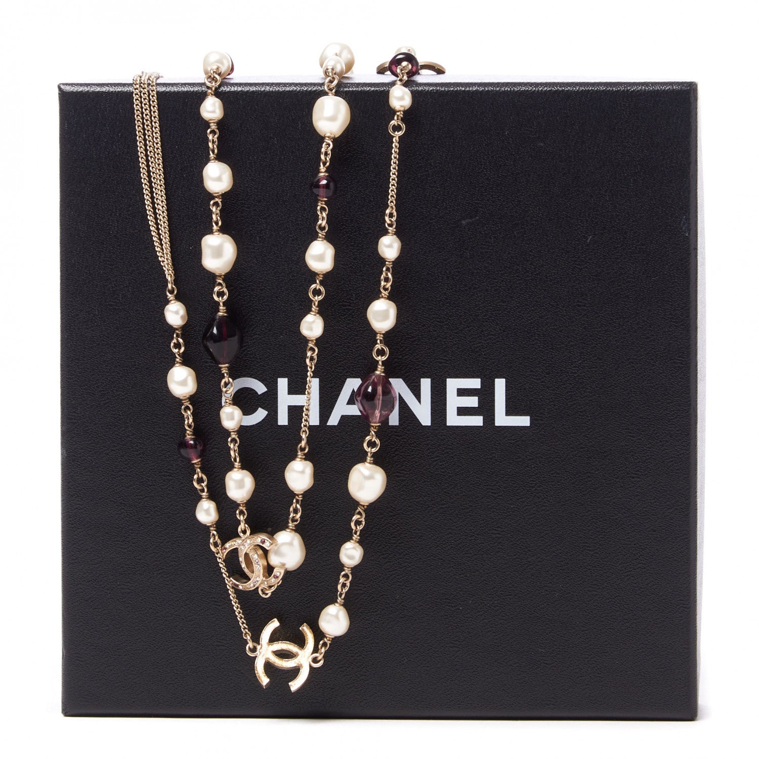 Chanel Beaded Pearl Crystal CC Long Strand Necklace Gold Purple 4 of 9