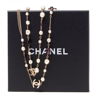 Chanel Beaded Pearl Crystal CC Long Strand Necklace Gold Purple 4 of 9