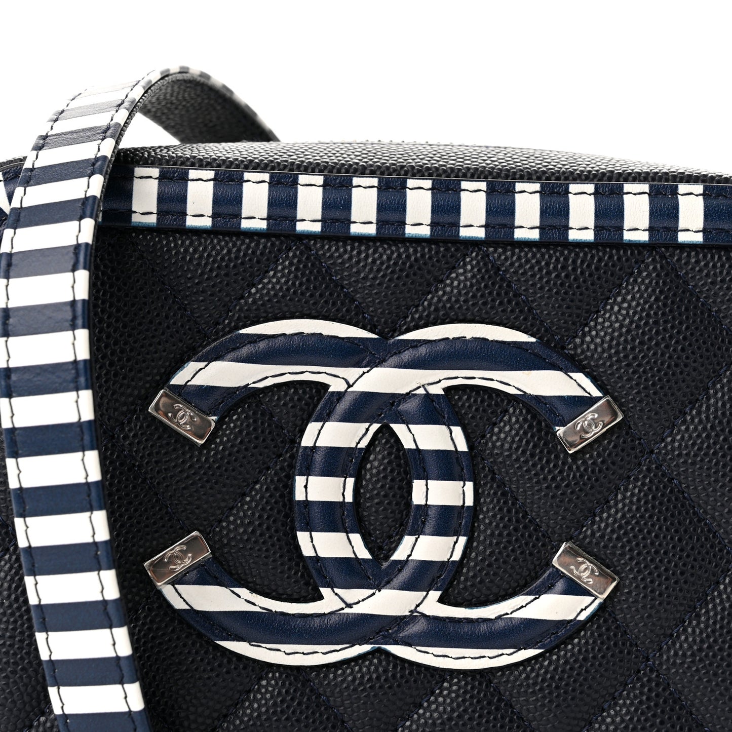 Caviar Quilted Striped Filigree Vanity Clutch With Chain Navy White