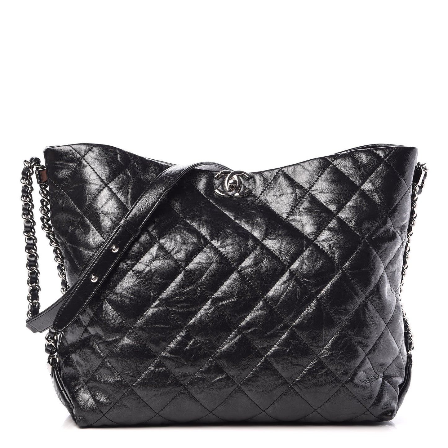 Metallic Crackled Calfskin Quilted Medium Big Bang Hobo Black