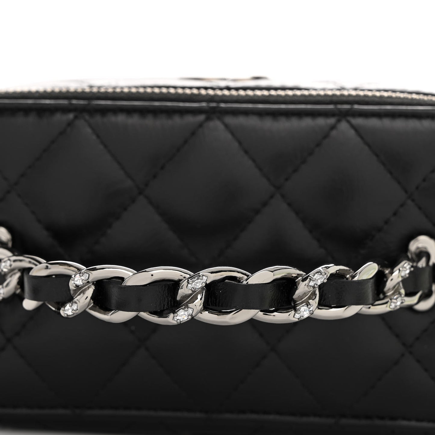 Shiny Crumpled Calfskin Crystal Quilted Precious Handle Vanity Case With Chain Black