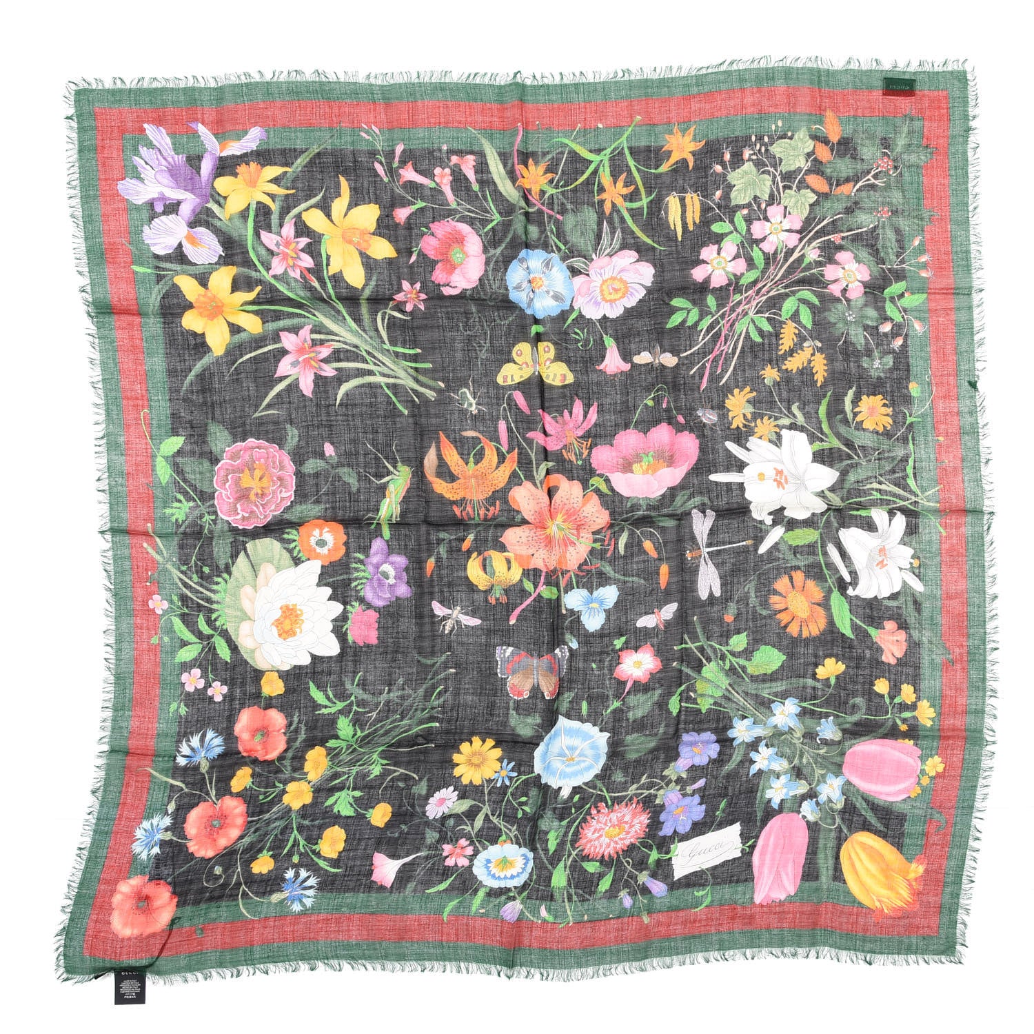 Gucci Wool Silk Floral Web Square Scarf Black Dark Green 1 of 4